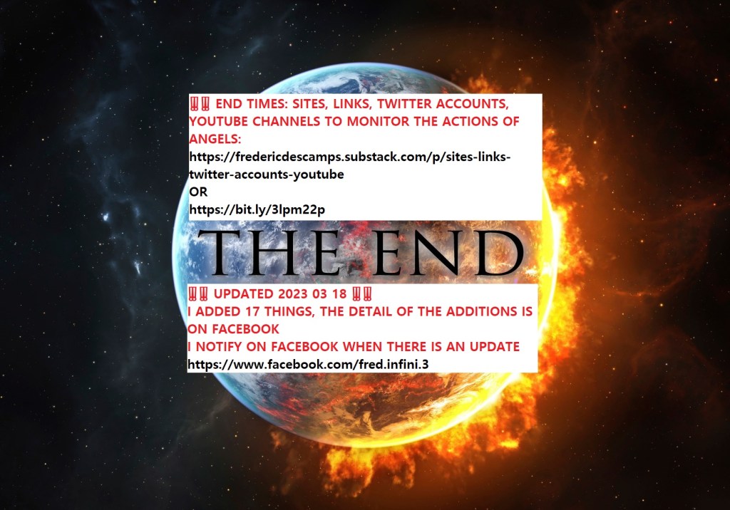 ‼️‼️ END TIMES: SITES, LINKS, TWITTER ACCOUNTS, YOUTUBE CHANNELS TO MONITOR THE ACTIONS OF ANGELS: https://fredericdescamps.substack.com/p/sites-links-twitter-accounts-youtube OR https://bit.ly/3lpm22p