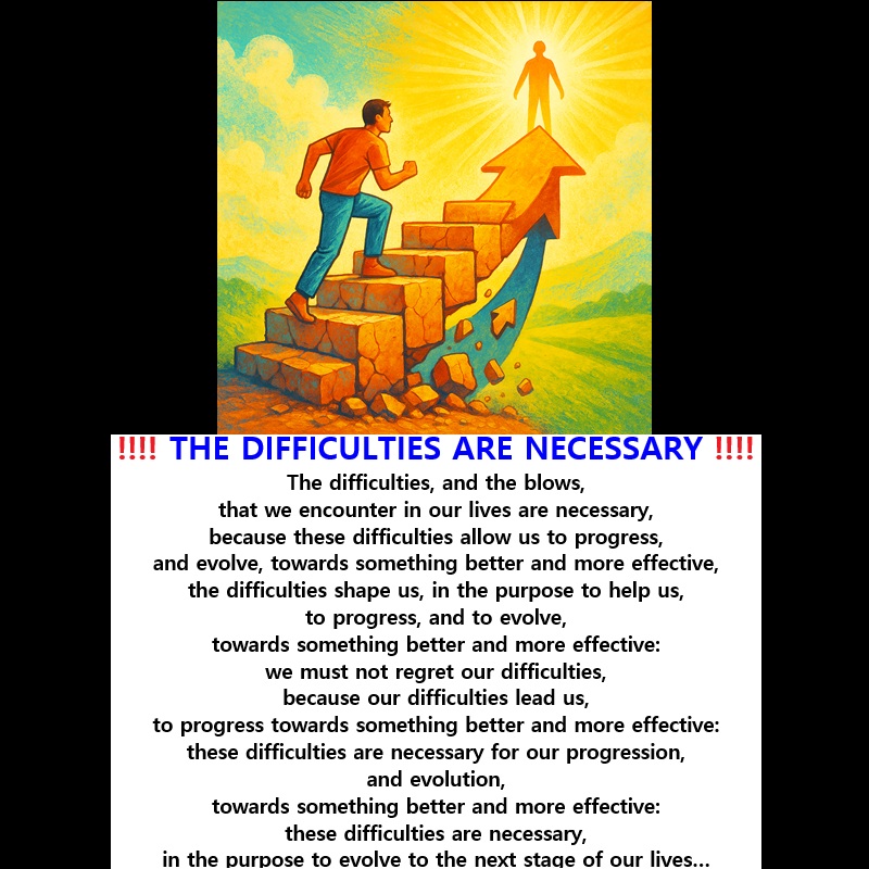 ‼️ 2025 06 23 ‼️ ✌👑 ‼️ VERY IMPORTANT: THE IMPRESSION THAT THE DIFFICULTIES ARE MALEFICENT IS DECEPTIVE: DIFFICULTIES SHAPE US, SO THAT WE CAN PROGRESS, AND EVOLVE, TOWARDS SOMETHING BETTER, AND MORE EFFECTIVE: DIFFICULTIES ARE GENERALLY BENEFICIAL, EVEN THOUGH THEY OFTEN GIVE THE IMPRESSION OF BEING MALEFICENT: WE SHOULD NEVER REGRET THE DIFFICULTIES, THAT WE ENCOUNTER IN OUR LIVES, BECAUSE THESE DIFFICULTIES HELP US TO PROGRESS, AND EVOLVE, TOWARDS SOMETHING BETTER, AND MORE EFFECTIVE: THE BLOWS WE TAKE, AND THE DIFFICULTIES, THAT WE ENCOUNTER ARE NECESSARY, FOR OUR PROGRESSION, AND EVOLUTION, SO THAT WE CAN BE MORE EFFECTIVE, AND&nbsp;SMARTER…