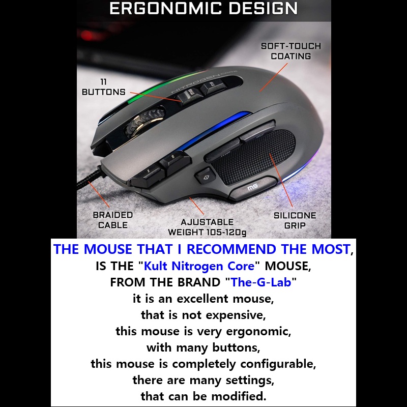 ‼️ 2025 07 11 ‼️ ✌👑 ‼️ VERY IMPORTANT: THE MOUSE THAT I RECOMMEND THE MOST IS THE &laquo;&nbsp;Kult Nitrogen Core&nbsp;&raquo; MOUSE FROM THE BRAND &laquo;&nbsp;The-G-Lab&nbsp;&raquo;. This mouse is made in China, however, it is an excellent mouse, that is not expensive, the mouse costs around 23 euros (around 23&nbsp;dollars).