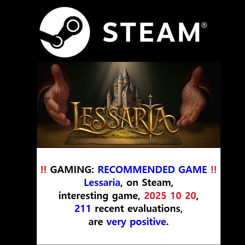 ‼️ 2025 10 21 ‼️ ✌👑 ‼️ VERY IMPORTANT: ‼️ NEW GAME ON STEAM: NEW RELEASE 2025: ‼️ 2025 10 20 ‼️ : THE NEW GAMES THAT SEEM INTERESTING ACCORDING TO ME : IN THE PURPOSE TO DISCOVER THE BEST VIDEO GAME DEVELOPERS:‼️ Lessaria: Fantasy Kingdom&nbsp;Sim