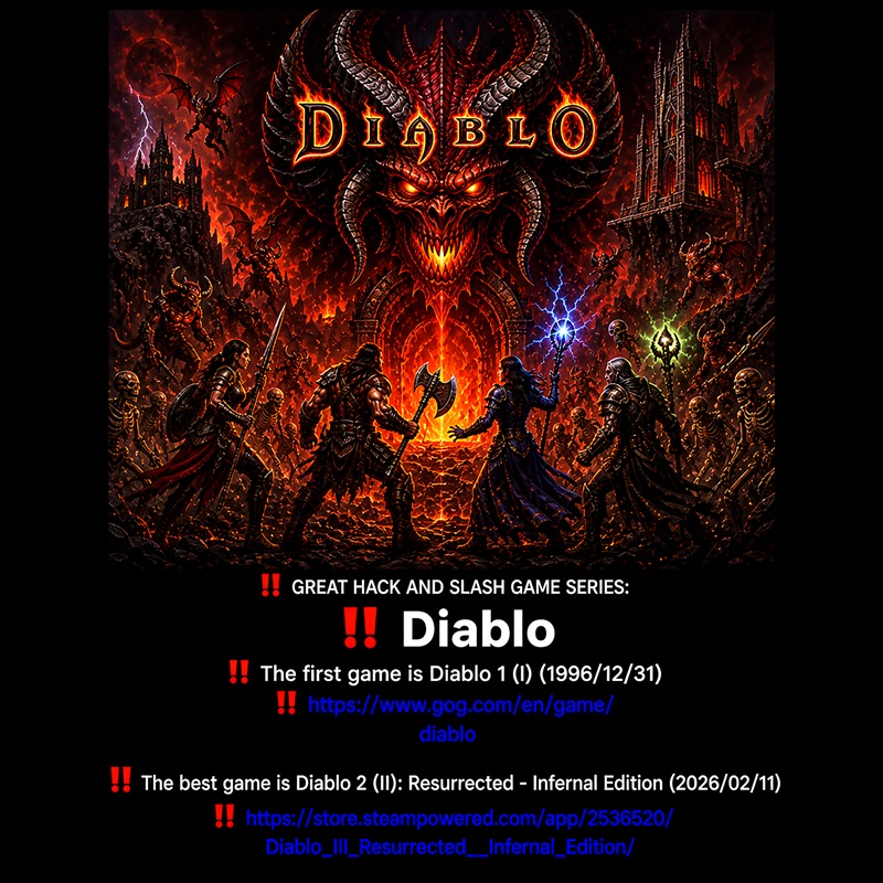 2026 05 03: VERY IMPORTANT: GREAT HACK AND SLASH GAME SERIES: Diablo is a great HACK AND SLASH game series (the best game is Diablo II: Resurrected – Infernal&nbsp;Edition):