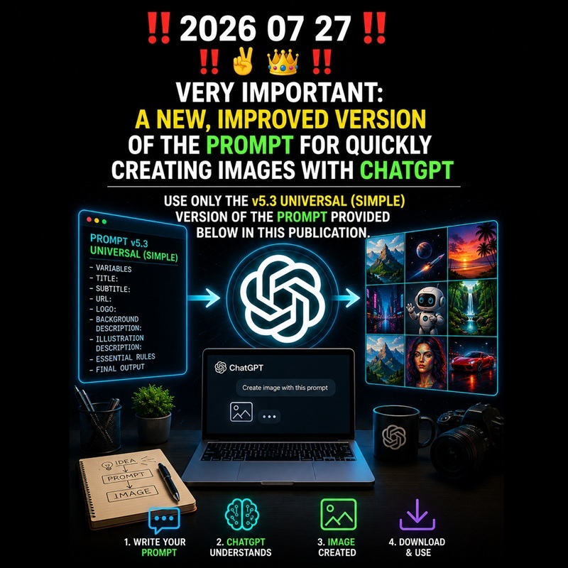 2026 07 27: VERY IMPORTANT: A NEW, IMPROVED VERSION OF THE PROMPT FOR QUICKLY CREATING IMAGES WITH CHATGPT [USE ONLY THE v5.3 UNIVERSAL (SIMPLE) VERSION OF THIS&nbsp;PROMPT]: