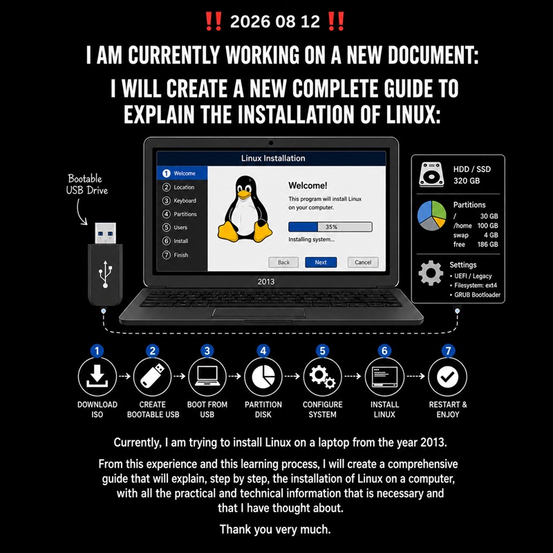 2026 08 12: I AM CURRENTLY WORKING ON A NEW DOCUMENT: I WILL CREATE A NEW COMPLETE GUIDE TO EXPLAIN THE INSTALLATION OF LINUX: