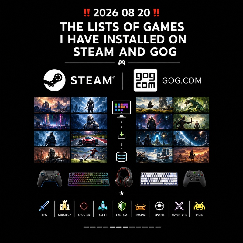 2026 08 20: THE LISTS OF GAMES I HAVE INSTALLED ON STEAM AND GOG: