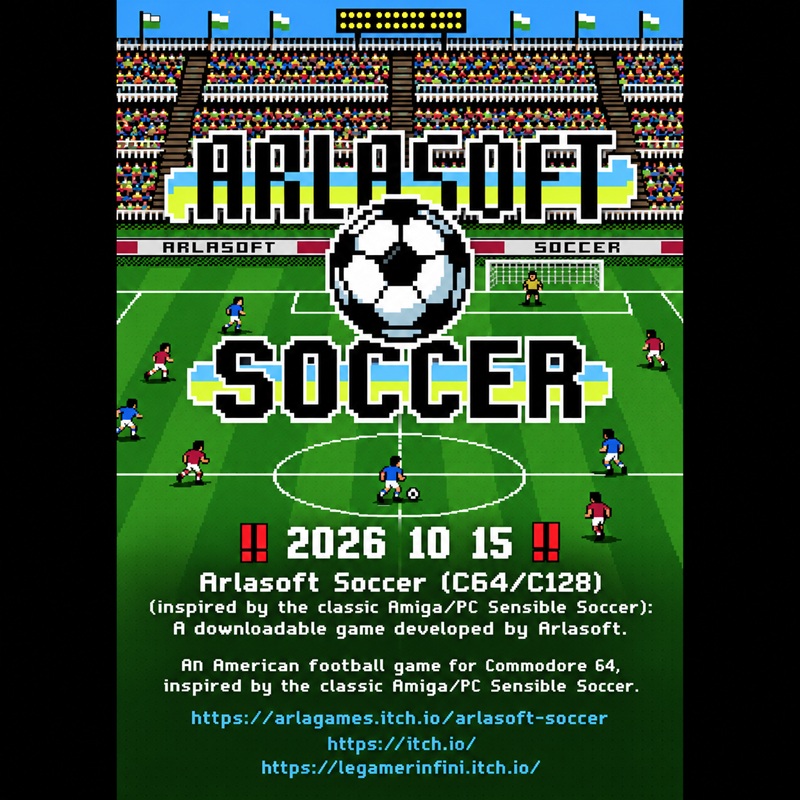 2026 10 15: Arlasoft Soccer (C64/C128) (inspired by the classic Amiga/PC Sensible Soccer):